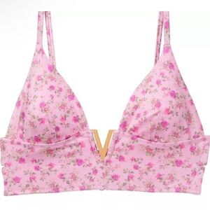 New! Victoria’s Secret Swim Gold Pink Floral V-Hardware Bikini Top 4606